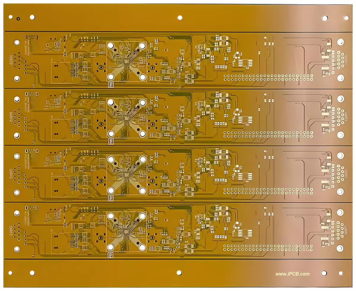 Panel of yellow FR-4 circuit boards with multiple electronic circuit modules, copper traces, and solder pads, designed for batch manufacturing in electronics production