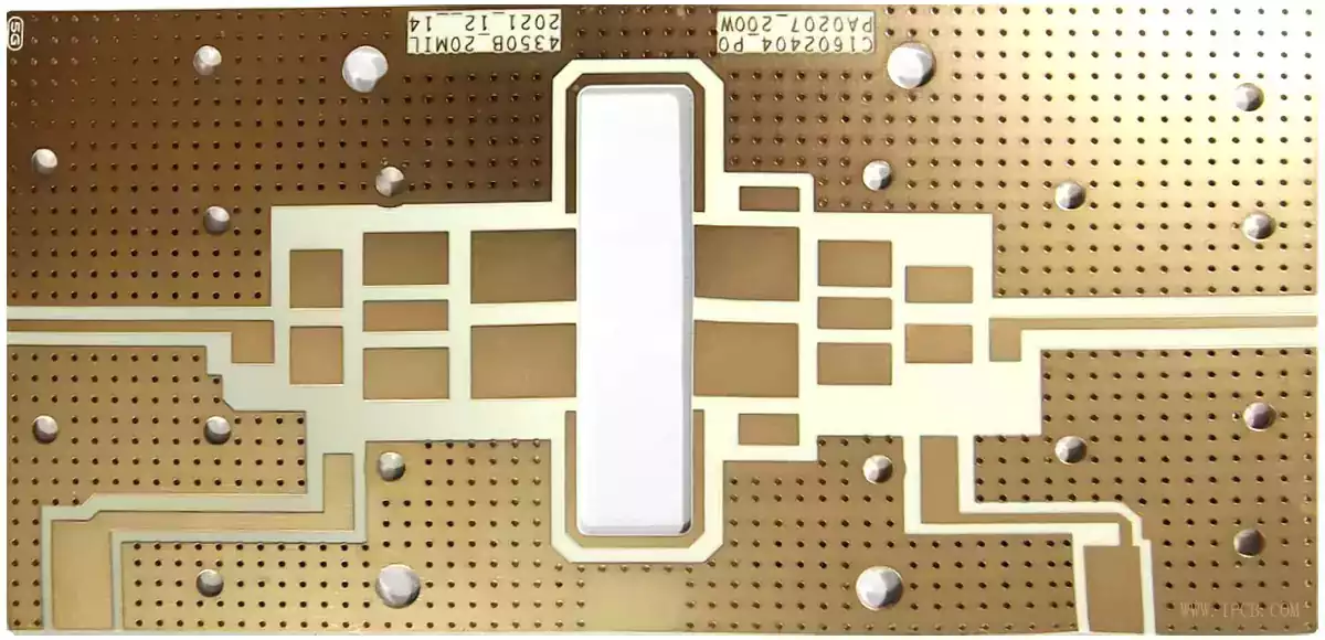 Rogers RO4350B PCB with high-frequency RF circuit layout, metallic copper traces, via arrays, designed for 5G and automotive millimeter-wave radar applications
