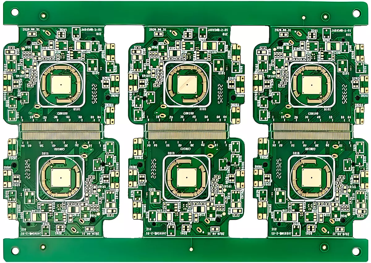 Gold plated PCB with green solder mask, multiple identical circuit regions, and gold-plated pads for high-reliability electronic applications