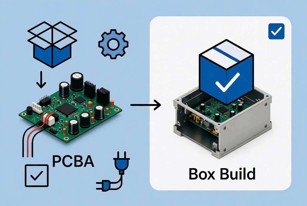 PCBA (Printed Circuit Board Assembly) to Box Build Process Flowchart, illustrating the assembly of circuit boards, cables, and other components into the enclosure.